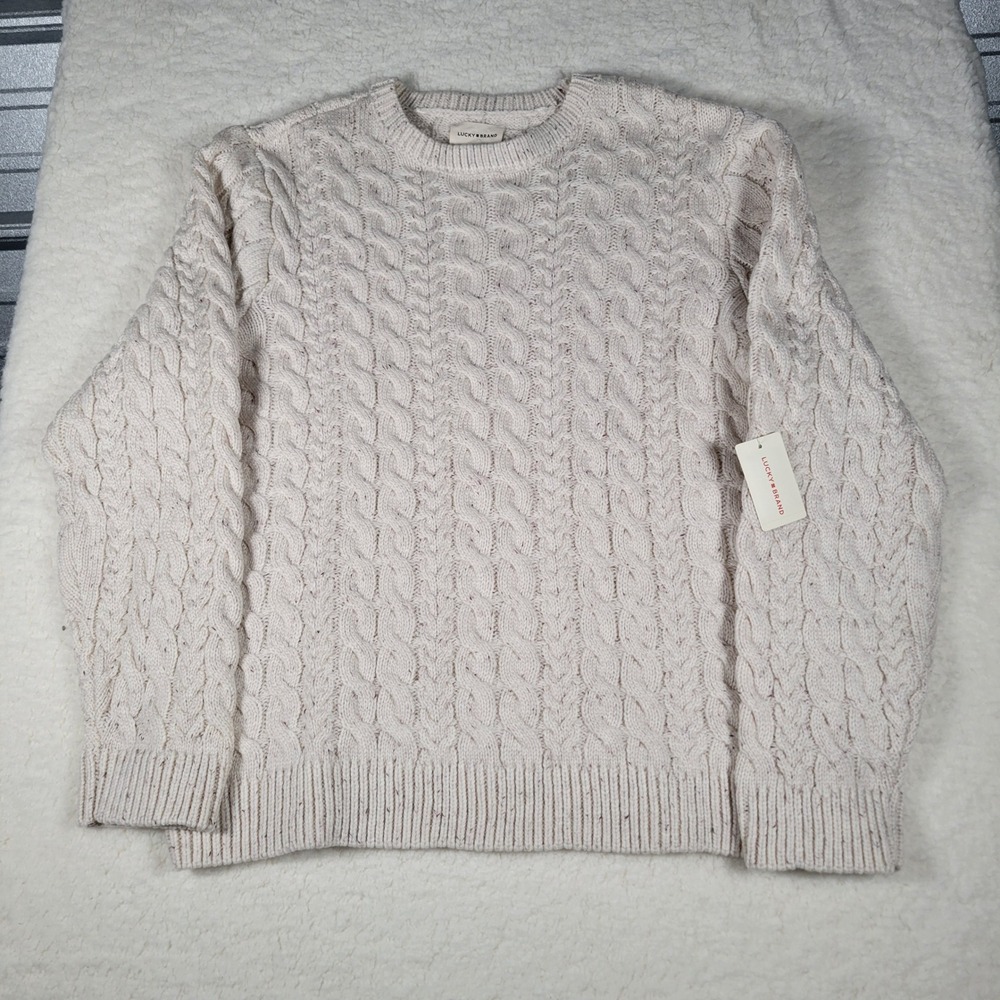 Lucky Brand Mens Cable Knit Crewneck Sweater Tofu Cream Speckled L S761-0018 NEW